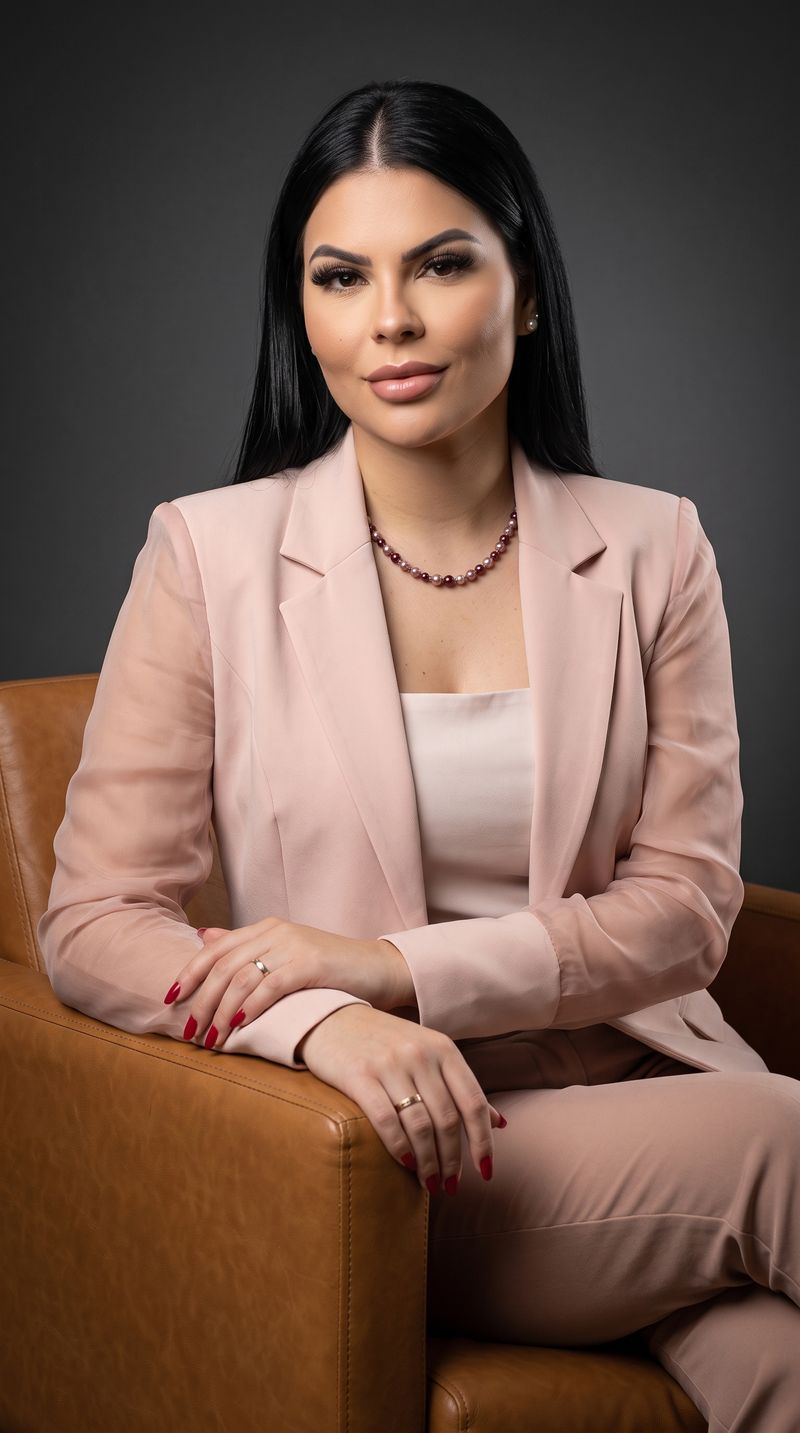 Dra. Carolina Vasconcelos sentada em uma poltrona, de blazer rosé
